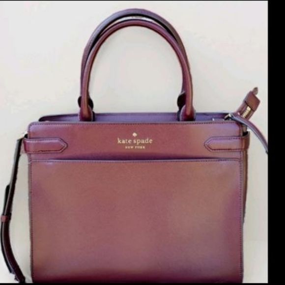Kate Spade Large Staci Satchel Saffiano Cherrywood Burgundy Dual Carry Handbag - Picture 1 of 16